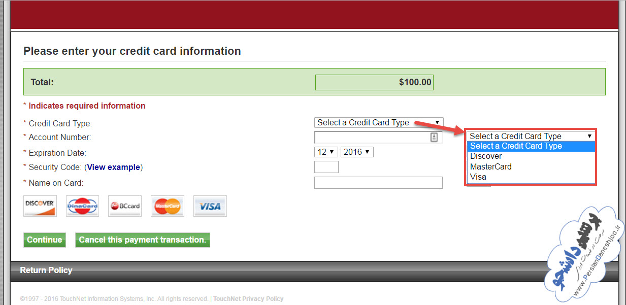 پرداخت آنلاین با کارت های اعتباری ویزا / مستر کارت
